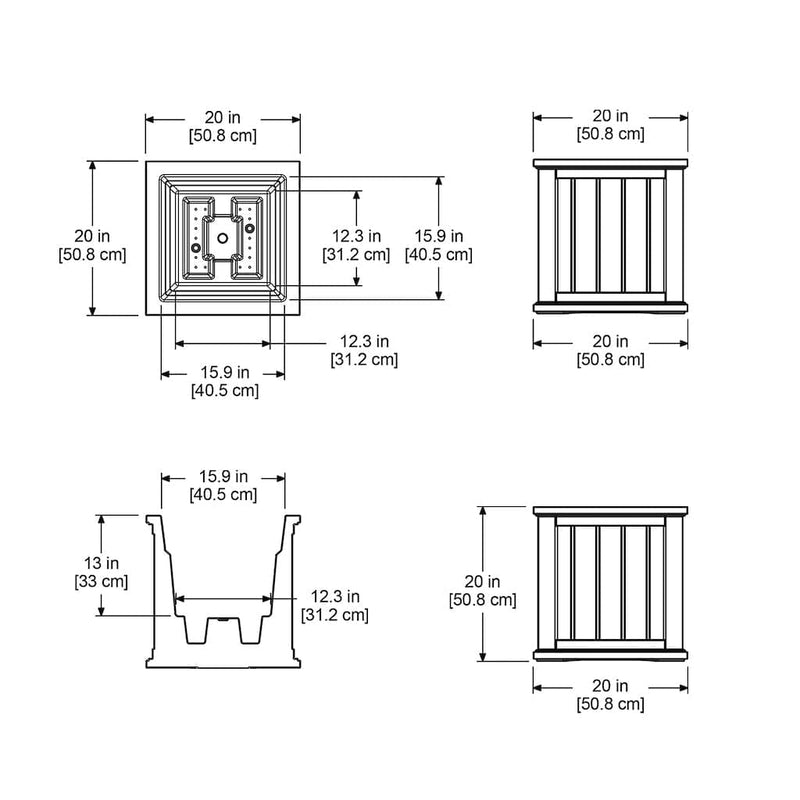 The Mayne Cape Cod 20x20 Square Planter measurement specifications, the length, width and height for installation purposes. 