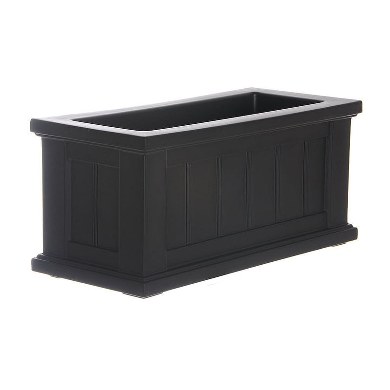 The Mayne Cape Cod 24x11 Planter, in the black finish, the unplanted planter detailed to show the shape and color clearly.