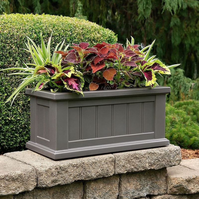 The Mayne Cape Cod 24x11 Planter, in the graphite finish,planted and placed near home for curb appeal.