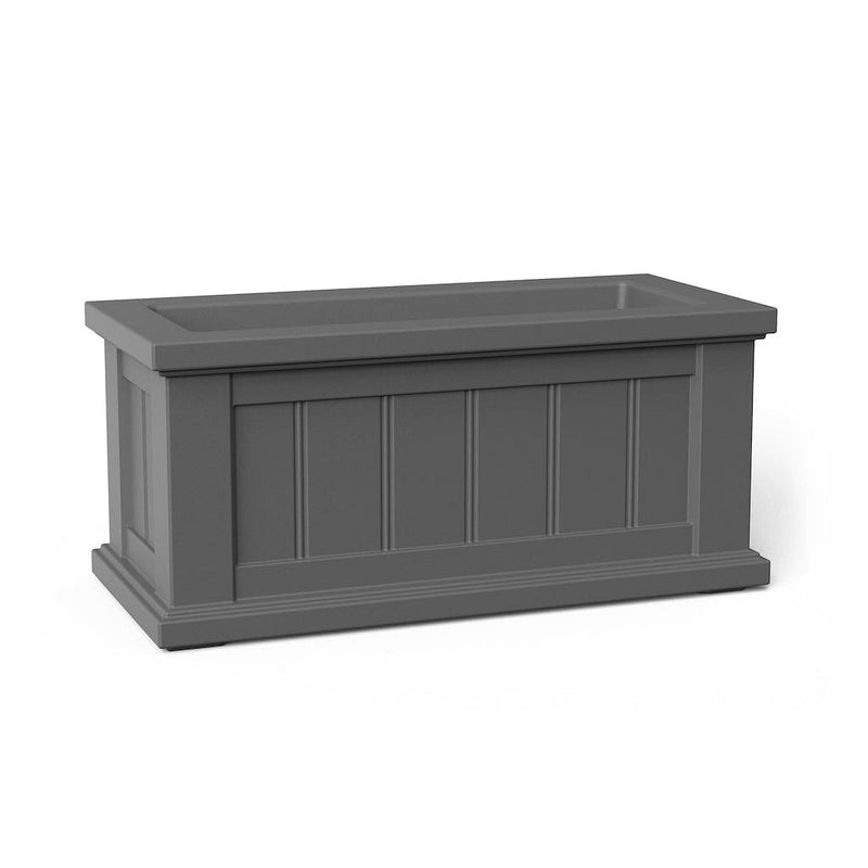 The Mayne Cape Cod 24x11 Planter, in the graphite finish,the unplanted planter detailed to show the shape and color clearly.