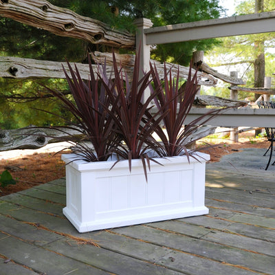 The Mayne Cape Cod 24x11 Planter, in the white finish, planted and placed near home for curb appeal.