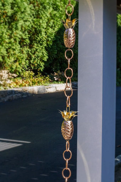 Good Directions Pineapple Pure Copper 8.5 ft. Rain Chain beautiful in the after rain sunshine.