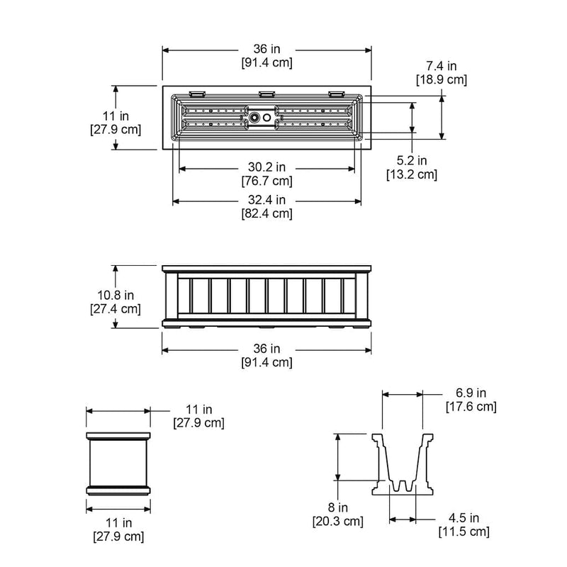 The Mayne Cape Cod 3ft Window Box measurement specifications, the length, width and height for installation purposes. 