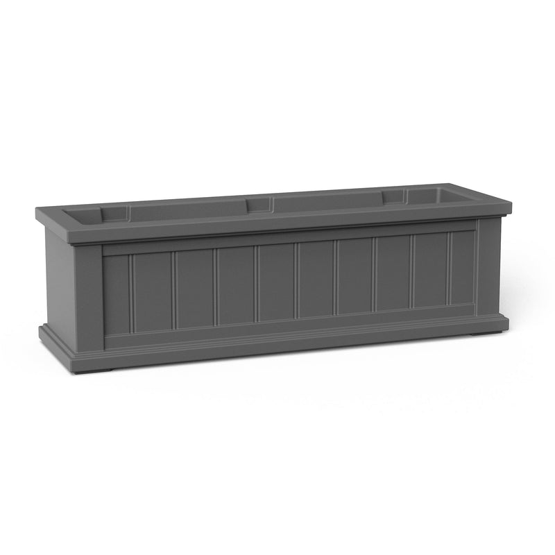 The Mayne Cape Cod 3ft Window Box, in the graphite finish,the unplanted planter detailed to show the shape and color clearly.