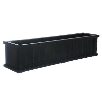 The Mayne Cape Cod 4ft Window Box, in the black finish, the unplanted planter detailed to show the shape and color clearly.