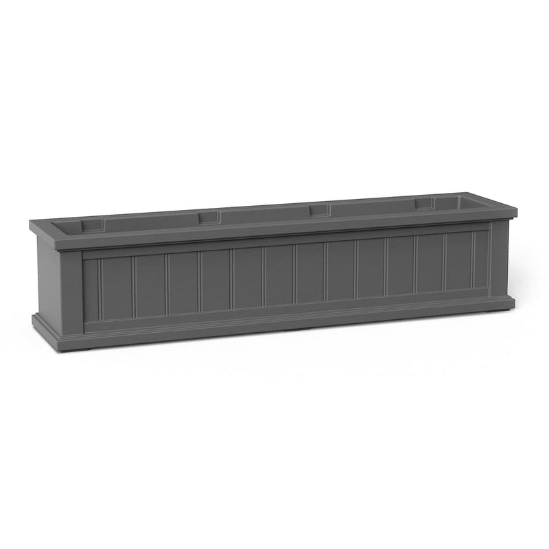 The Mayne Cape Cod 4ft Window Box, in the graphite finish,the unplanted planter detailed to show the shape and color clearly.