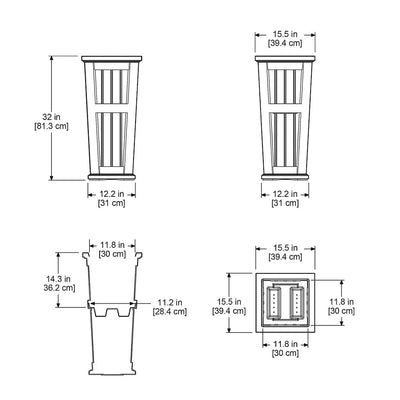 The Mayne Cape Cod Tall Planter measurement specifications, the length, width and height for installation purposes. 