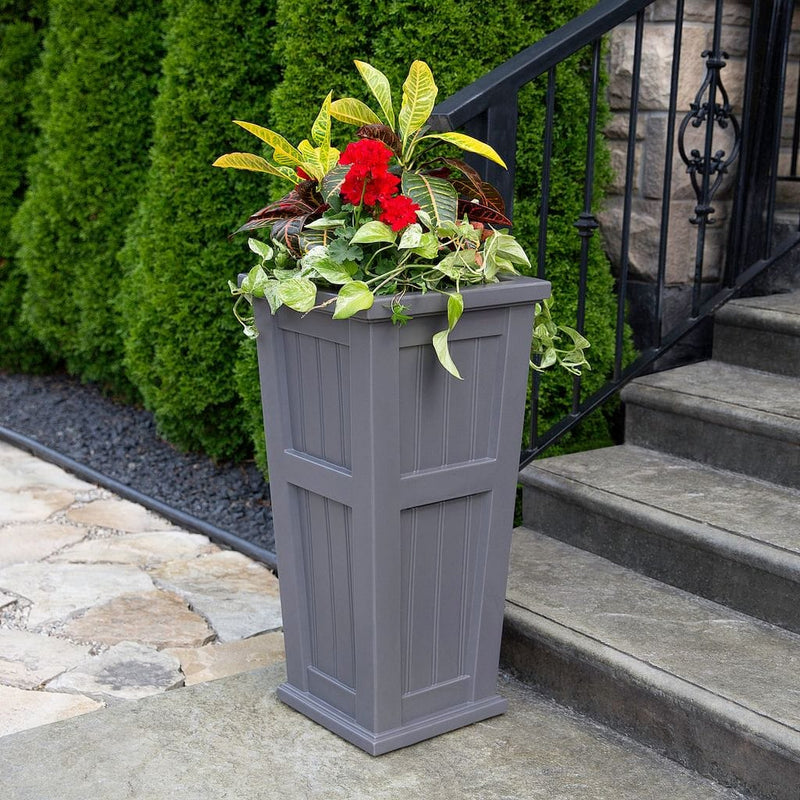 The Mayne Cape Cod Tall Planter, in the graphite finish,planted and placed near home for curb appeal.