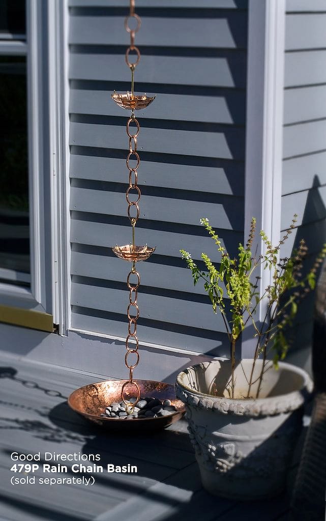 Good Directions Umbrella Pure Copper 8.5 ft. Rain Chain beautifu against the house with optional Chain Basin.