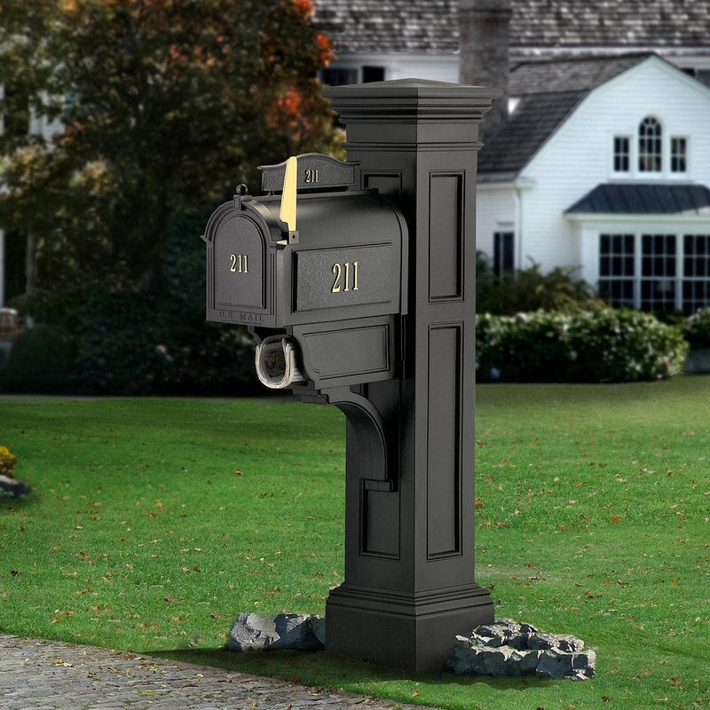 The Mayne Liberty Mail Post, in the black finish, installed for curb appeal.