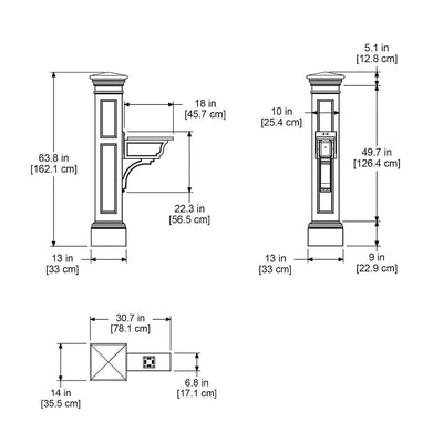 The Mayne Liberty Mail Post measurement specifications, the length, width and height for installation purposes. 