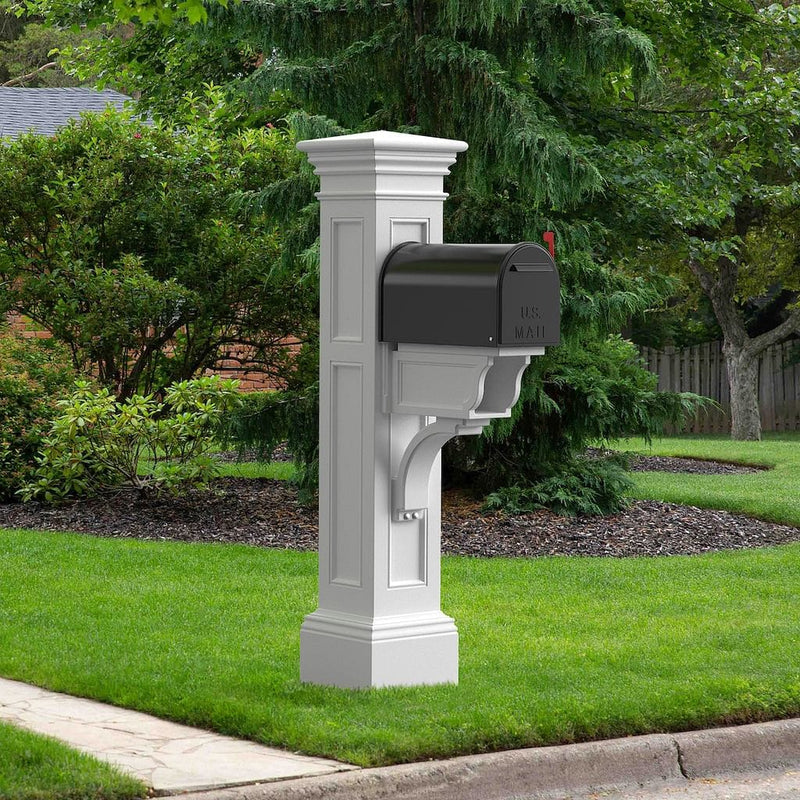 The Mayne Liberty Mail Post, in the white finish, installed for curb appeal.