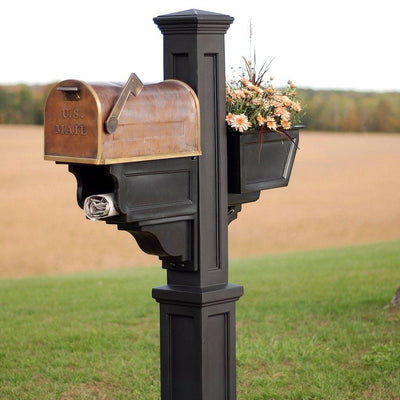 The Mayne Signature Plus Mail Post, in the black finish, installed for curb appeal.