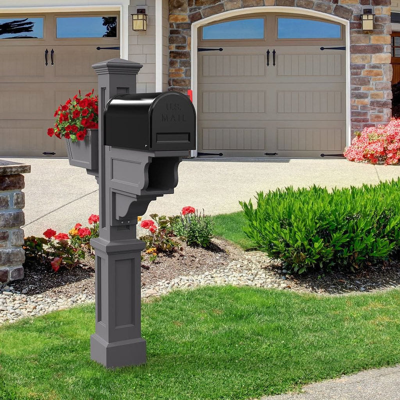 The Mayne Signature Plus Mail Post, in the graphite finish,installed for curb appeal.