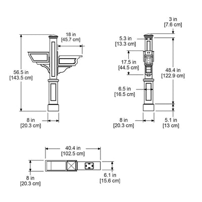 The Mayne Signature Plus Mail Post measurement specifications, the length, width and height for installation purposes. 