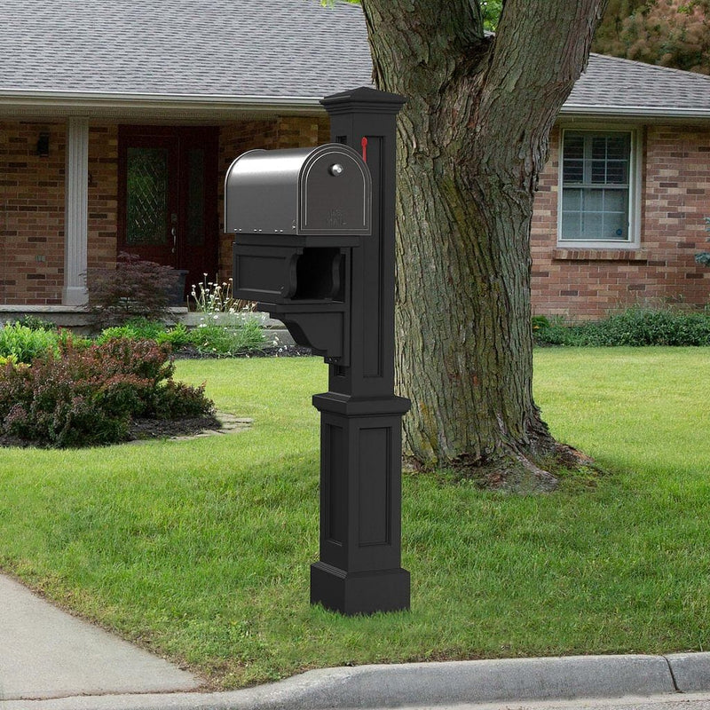 The Mayne Rockport Single Mail Post, in the black finish, installed for curb appeal.