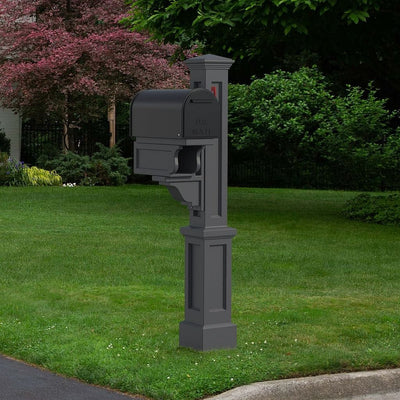 The Mayne Rockport Single Mail Post, in the graphite finish,installed for curb appeal.