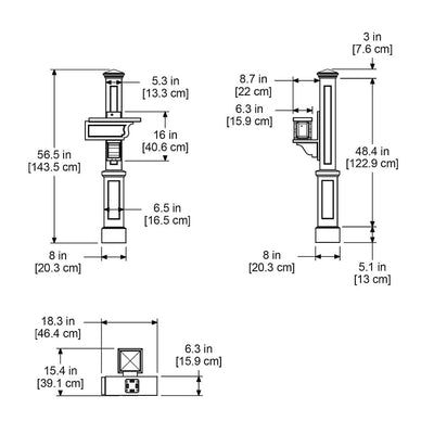 The Mayne Rockport Single Mail Post measurement specifications, the length, width and height for installation purposes. 