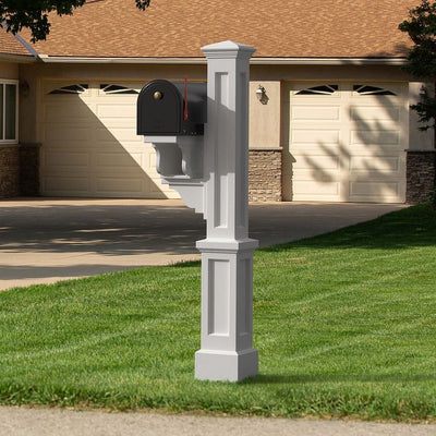 The Mayne Rockport Single Mail Post, in the white finish, installed for curb appeal.