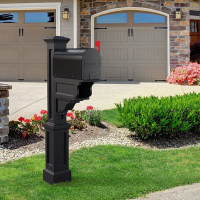 The Mayne Dover Mail Post, in the black finish, installed for curb appeal.