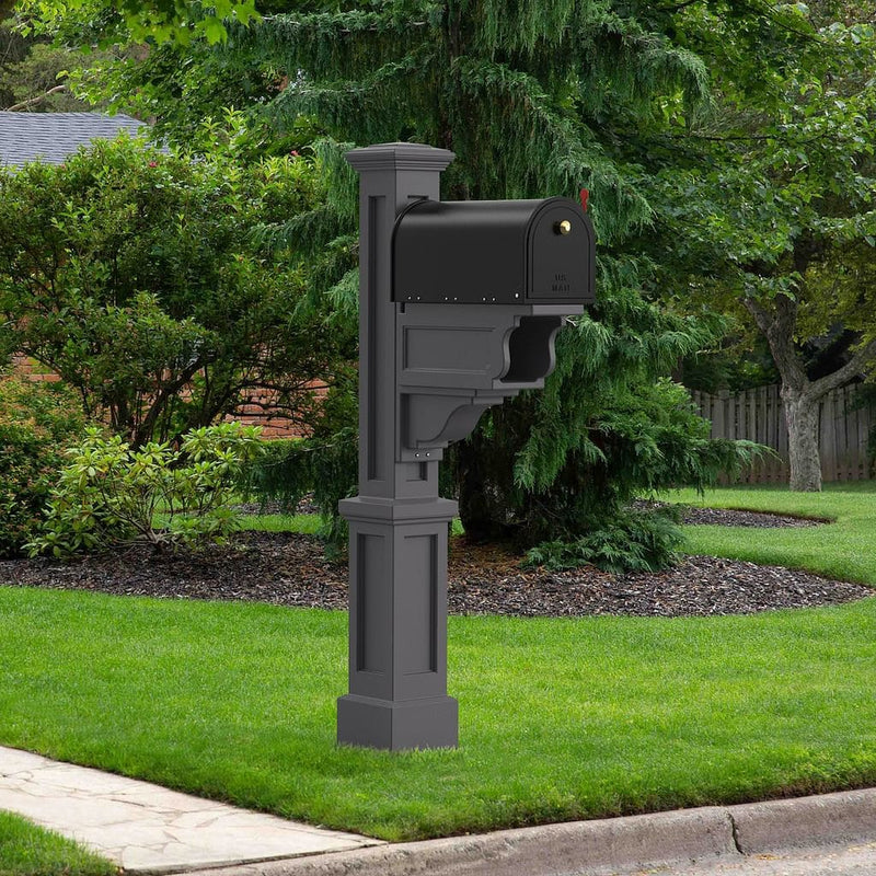 The Mayne Dover Mail Post, in the graphite finish,installed for curb appeal.