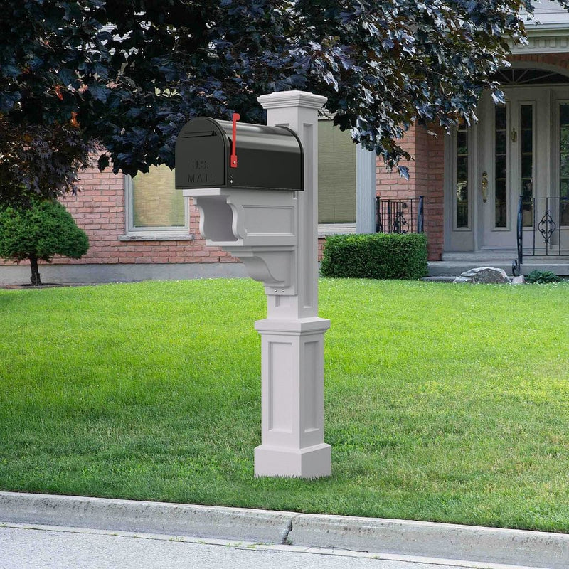 The Mayne Dover Mail Post, in the white finish, installed for curb appeal.