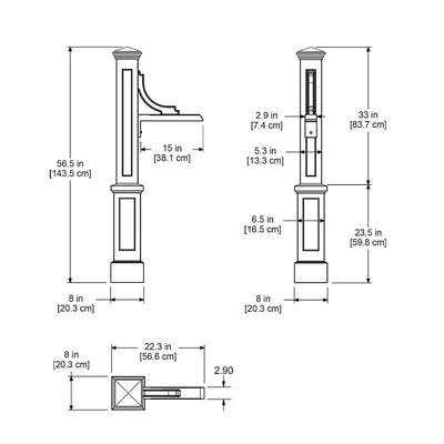 The Mayne Woodhaven Address Sign Post measurement specifications, the length, width and height for installation purposes. 