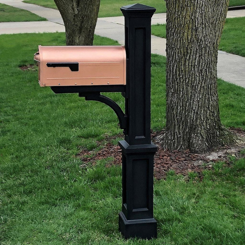 The Mayne Newport Plus Mail Post, in the black finish, installed for curb appeal.