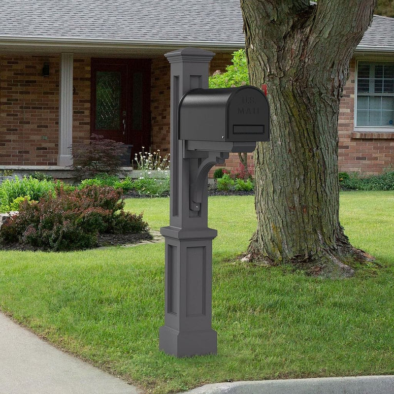 The Mayne Newport Plus Mail Post, in the graphite finish,installed for curb appeal.