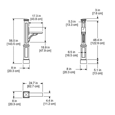 The Mayne Newport Plus Mail Post measurement specifications, the length, width and height for installation purposes. 