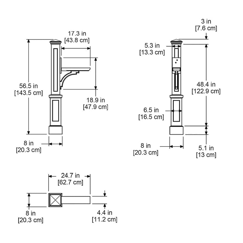 The Mayne Newport Plus Mail Post measurement specifications, the length, width and height for installation purposes. 