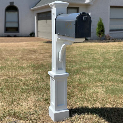 The Mayne Newport Plus Mail Post, in the white finish, installed for curb appeal.