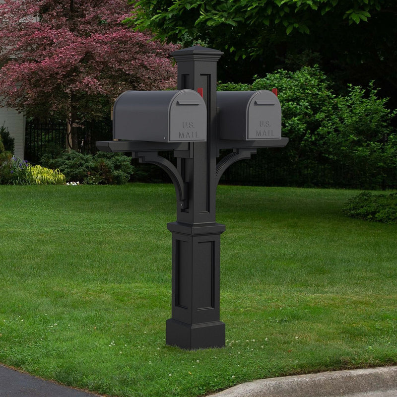 The Mayne Newport Plus Double Mail Post, in the black finish, installed for curb appeal.