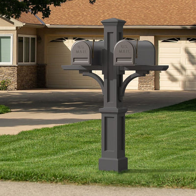 The Mayne Newport Plus Double Mail Post, in the graphite finish,installed for curb appeal.