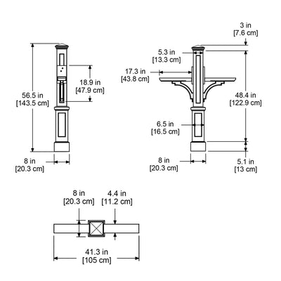 The Mayne Newport Plus Double Mail Post measurement specifications, the length, width and height for installation purposes. 