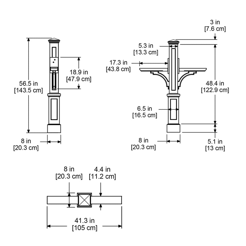 The Mayne Newport Plus Double Mail Post measurement specifications, the length, width and height for installation purposes. 