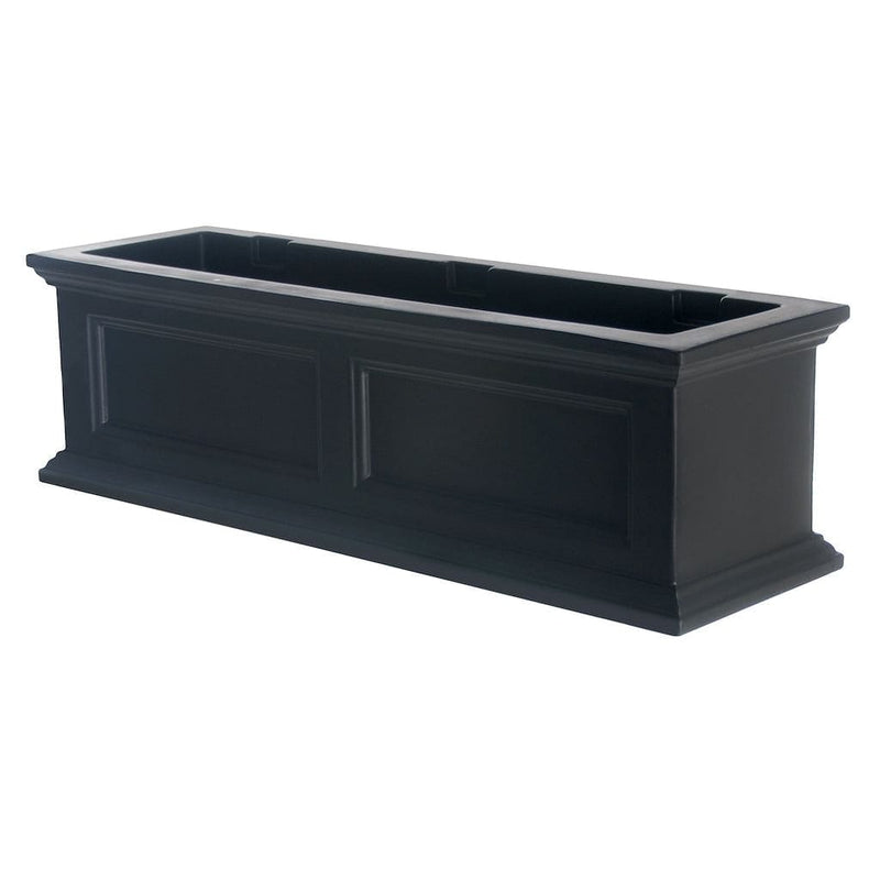 The Mayne Fairfield 3ft Window Box Planter, in the black finish, the unplanted planter detailed to show the shape and color clearly.