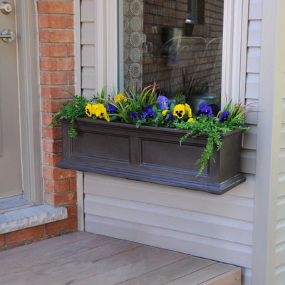 The Mayne Fairfield 3ft Window Box Planter, in the espresso finish, planted and mounted on home for curb appeal