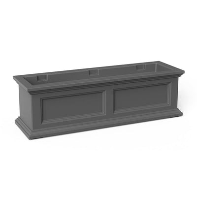 The Mayne Fairfield 3ft Window Box Planter, in the graphite finish,the unplanted planter detailed to show the shape and color clearly.