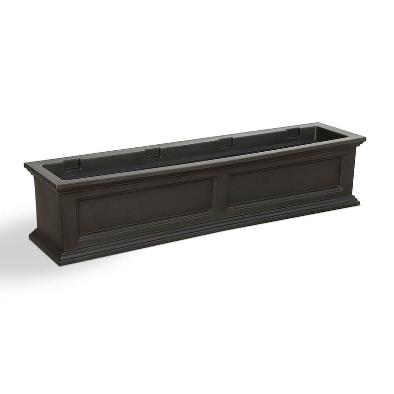 The Mayne Fairfield 4ft Window Box Planter, in the espresso finish, the unplanted planter detailed to show the shape and color clearly.