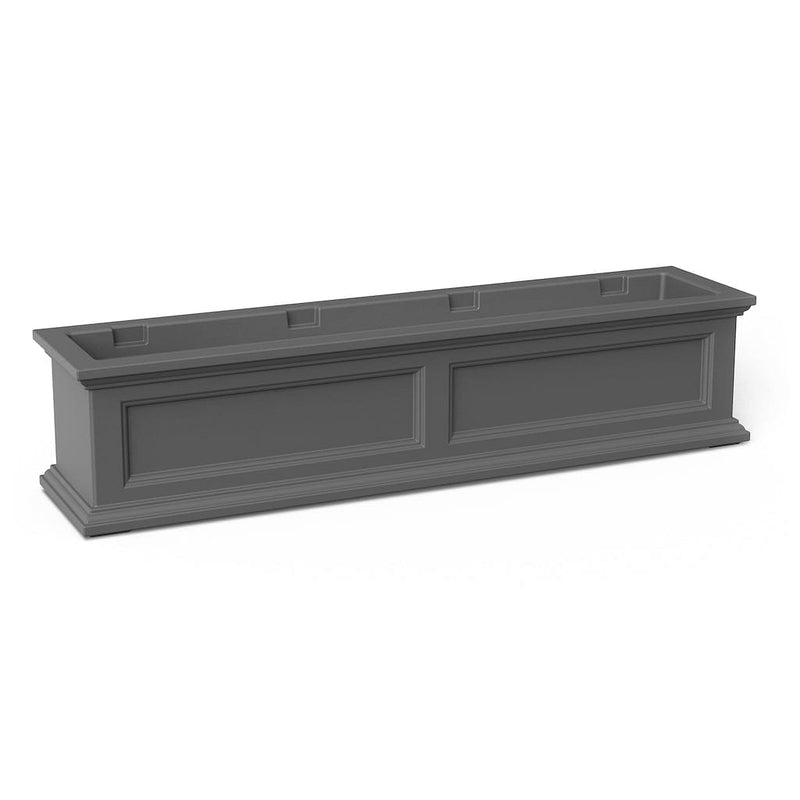The Mayne Fairfield 4ft Window Box Planter, in the graphite finish,the unplanted planter detailed to show the shape and color clearly.