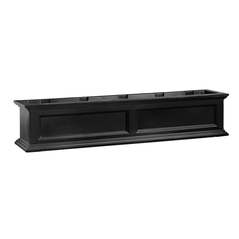 The Mayne Fairfield 5ft Window Box Planter, in the black finish, the unplanted planter detailed to show the shape and color clearly.
