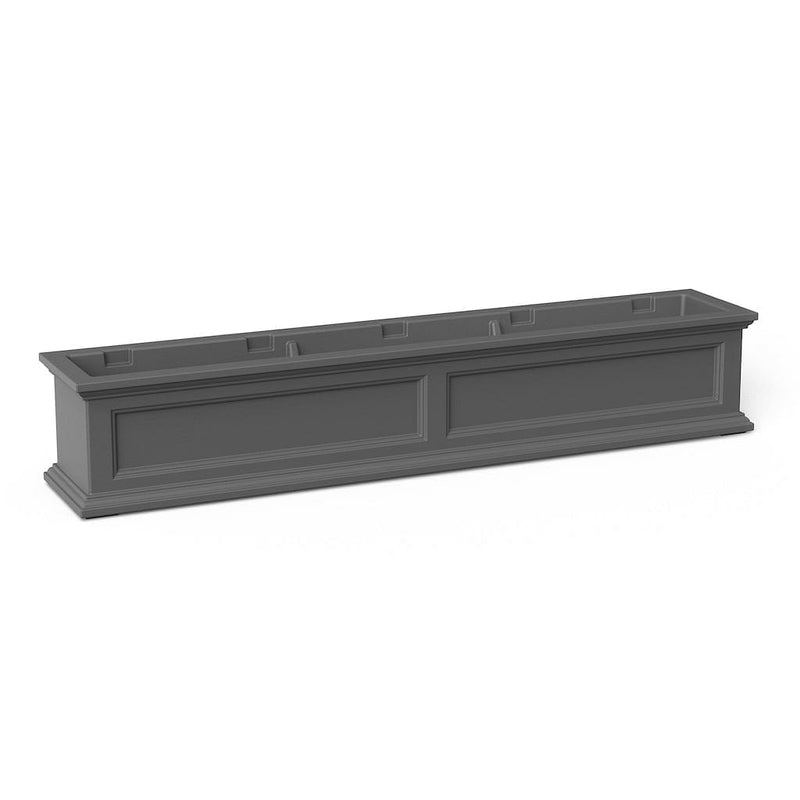 The Mayne Fairfield 5ft Window Box Planter, in the graphite finish,the unplanted planter detailed to show the shape and color clearly.