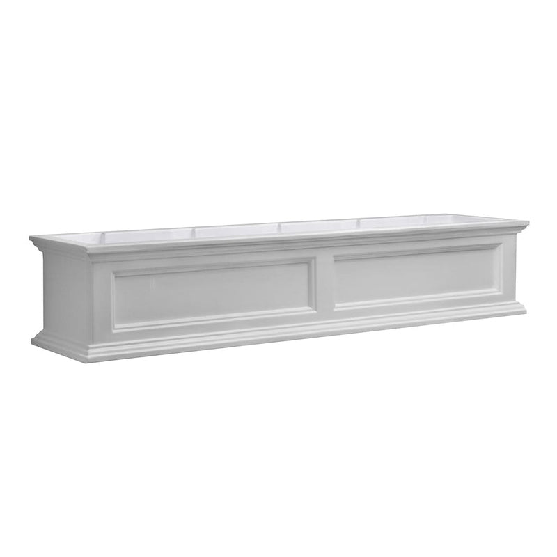 The Mayne Fairfield 5ft Window Box Planter, in the white finish, the unplanted planter detailed to show the shape and color clearly.