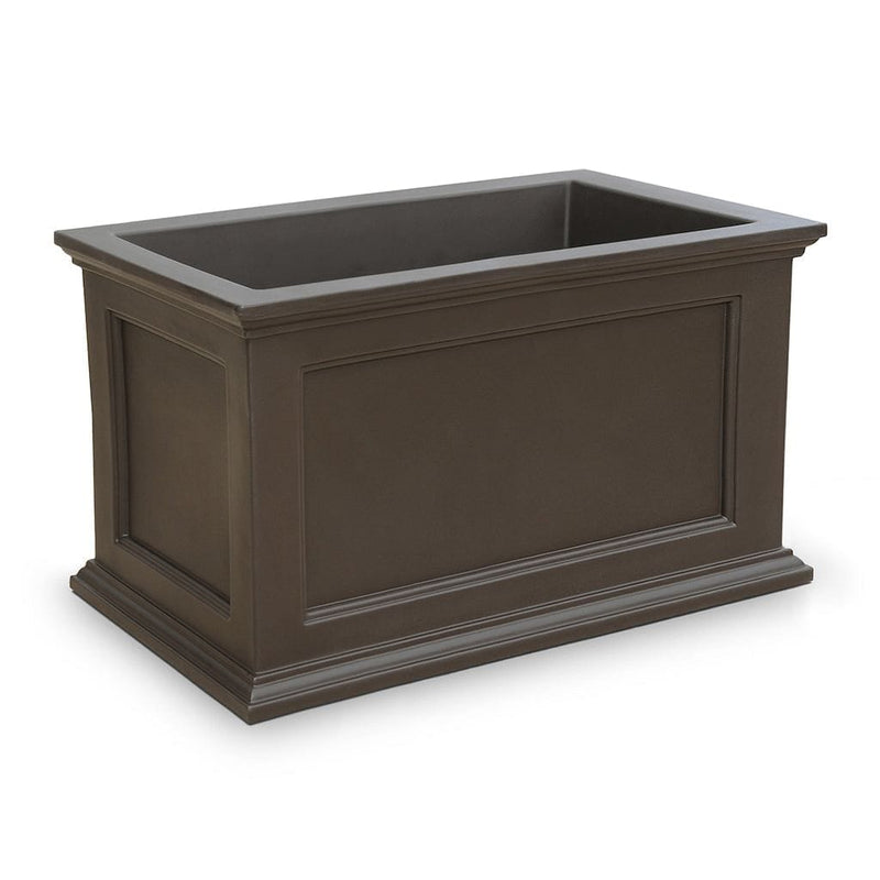 The Mayne Fairfield 20x36 Planter, in the espresso finish, the unplanted planter detailed to show the shape and color clearly.