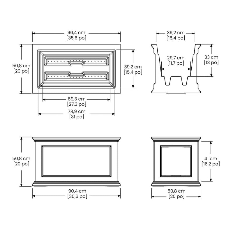 The Mayne Fairfield 20x36 Planter measurement specifications, the length, width and height for installation purposes. 