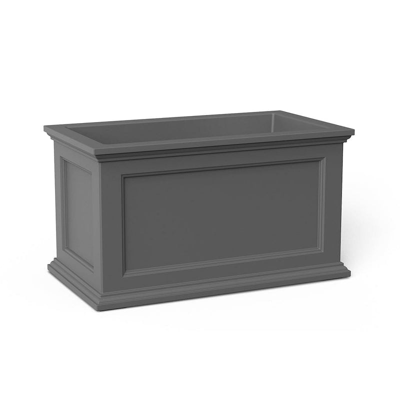The Mayne Fairfield 20x36 Planter, in the graphite finish,the unplanted planter detailed to show the shape and color clearly.