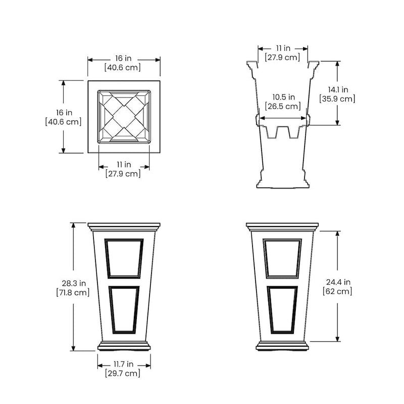 The Mayne Fairfield Tall Planter measurement specifications, the length, width and height for installation purposes. 