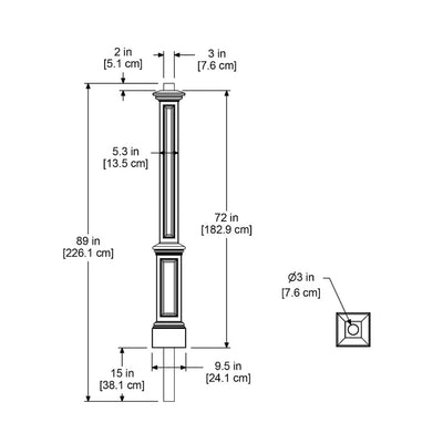 The Mayne Signature Lamp Post with Mount measurement specifications, the length, width and height for installation purposes. 