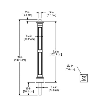 The Mayne Liberty Lamp Post with Mount measurement specifications, the length, width and height for installation purposes. 